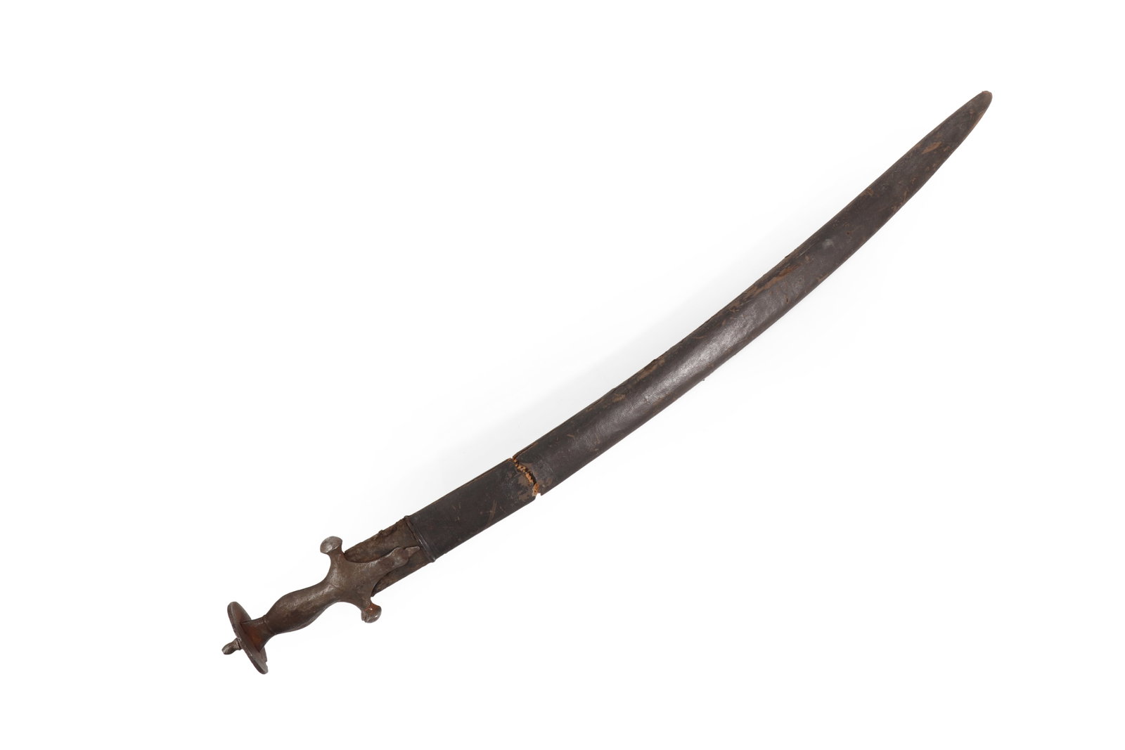 Indian Talwar Sword, 18th-19th C.: India, 18th to 19th century. Curved single edged Talwar sword with a steel blade and iron hilt, the grip formed with a central swelling, short quillons, and a disc pommel. The sword is accompanied by