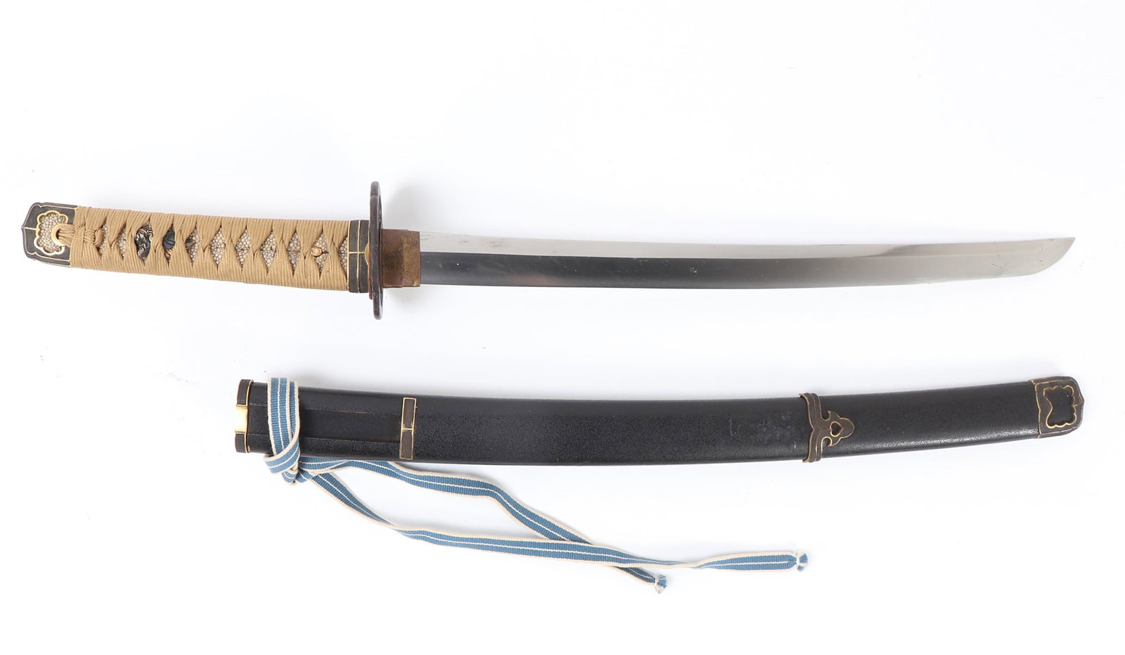 Excellent Japanese Wakizashi Sword & Scabbard: Fine Japanese Wakizashi sword and scabbard with Han-Dachi koshirae mounts. Early blade. Notable well patinated single hole tang. Single edge slightly curved with straight SUGU Hamon line. Textured sca