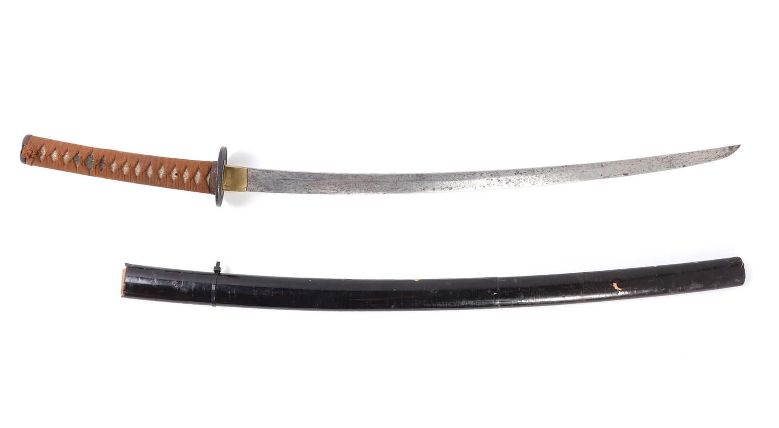 Fine Koto Period Katana with Scabbard: Japanese Koto period katana with original wood scabbard. Handle tightly wrapped with ito over ray skin covering the iron menuki. Fuchi with gilt floral designs. Size 38" L, blade 23 1/2" L.