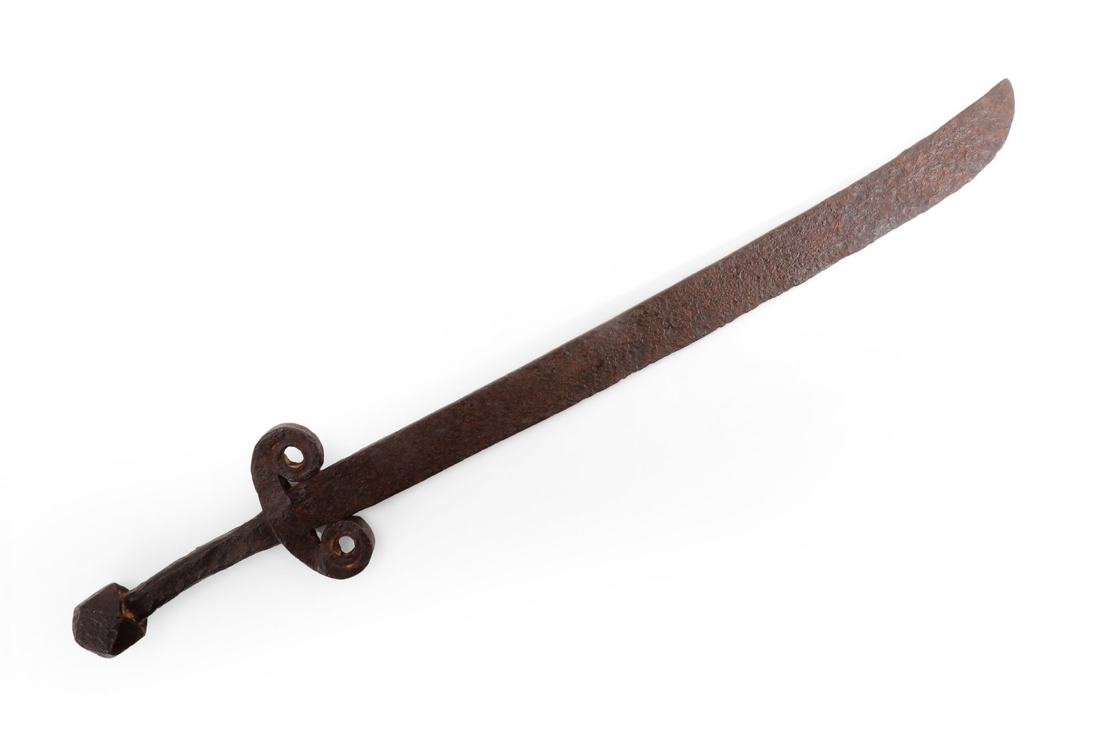 Important Korean Sword, 12th c. or Earlier: Korea, 12th century. Iron sword with long, slightly curved single edged blade, scroll-form crossguard with circular openings, tapered grip, and faceted polygonal pommel. The piece shows a heavily oxid