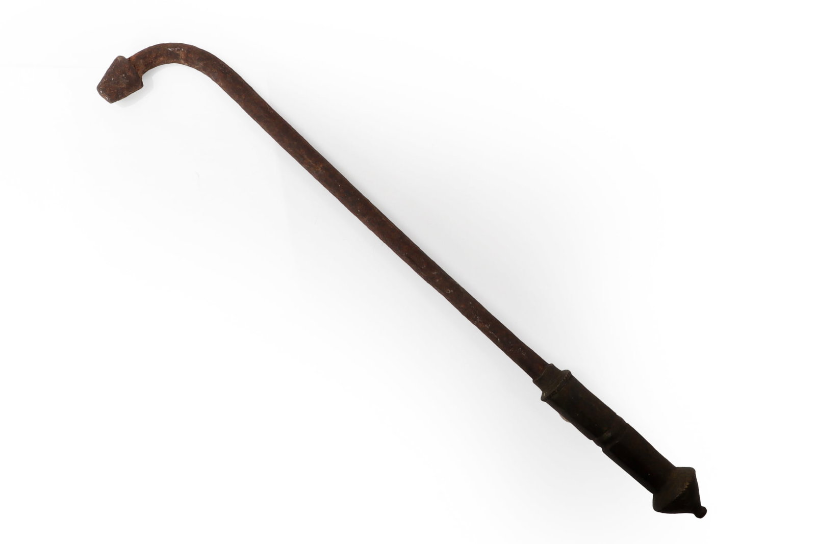 African Mace, 17th - 19th C.: Africa, 17th to 19th century. Forged iron mace of slender tapering form, with a long shaft, and faceted upper knop with shaped finial. The handle is cast in a heavy brass or complex bronze with linear
