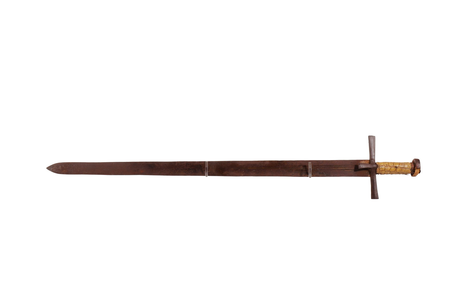 African Straight Edge Sword 17th-19th C.: Africa, possibly 17th to 19th century. Straight double edged sword with long steel blade, broad flattened crossguard, and grip covered in faux alligator or crocodile. The sword is accompanied by a lon
