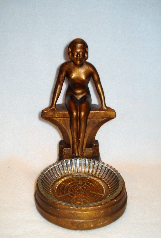 White metal art deco ashtray bronze painted with glass (1 of 6)
