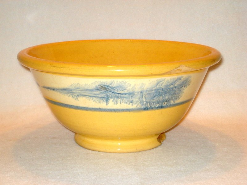 Yelloware bowl with cobalt seaweed decoration. (1 of 6)