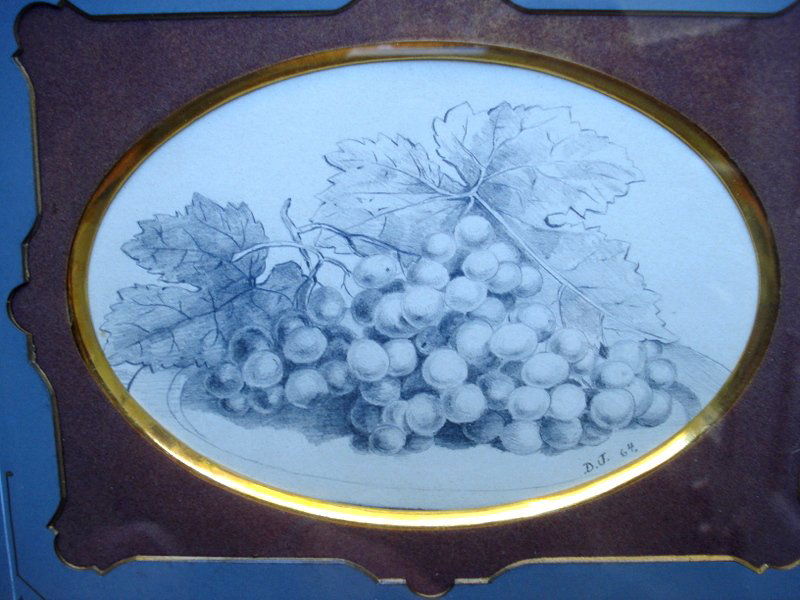 David Johnson (1827-1908 American/ NY) pencil on: David Johnson (1827-1908 American/ NY), pencil on paper of a bunch of grapes on a plate, 3.5" x 5.5" oval), initial signed and dated lower right (D.J. 68). Beautifully matted in an Eastlake frame whic