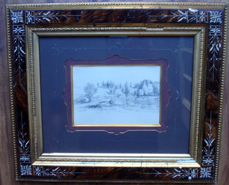 David Johnson (1827-1908 American/ NY) pencil on: David Johnson (1827-1908 American/ NY), pencil on paper of a lakefront, 3.75" x 5.5" W), initial signed and dated lower left (D.J. 67). Beautifully matted in an Eastlake frame which appears original t