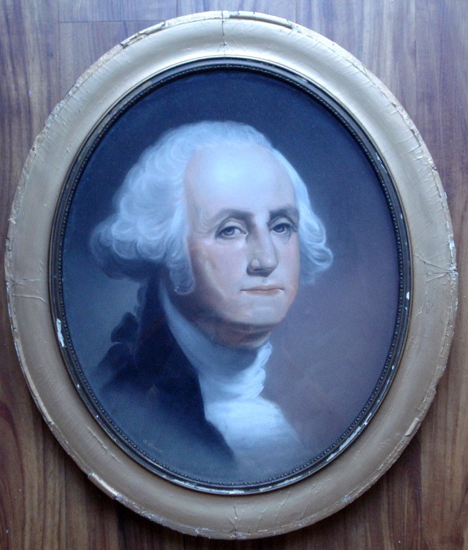 W.H. Rease 19th C chromolithograph.: 19th Century chromolithograph on canvas of George Washington after a work by Gilbert Stuart signed in plate W.H. Rease (William H. Rease 1818- American/ PA.) lithographer No. 17 South Fifth Street, Ph