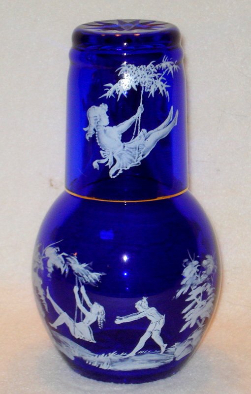 Cobalt Mary Gregory bedside water carafe and tumbler. (1 of 7)