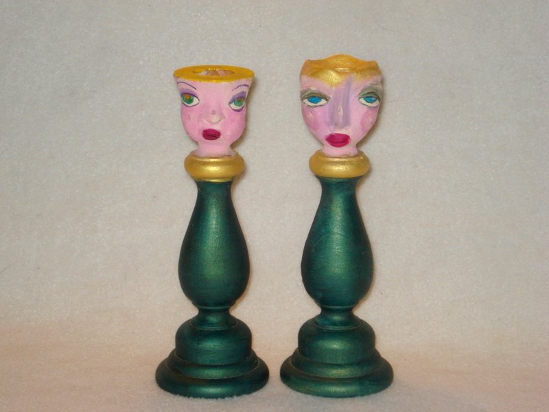 Pair of polychromed folk art candlesticks. (1 of 7)