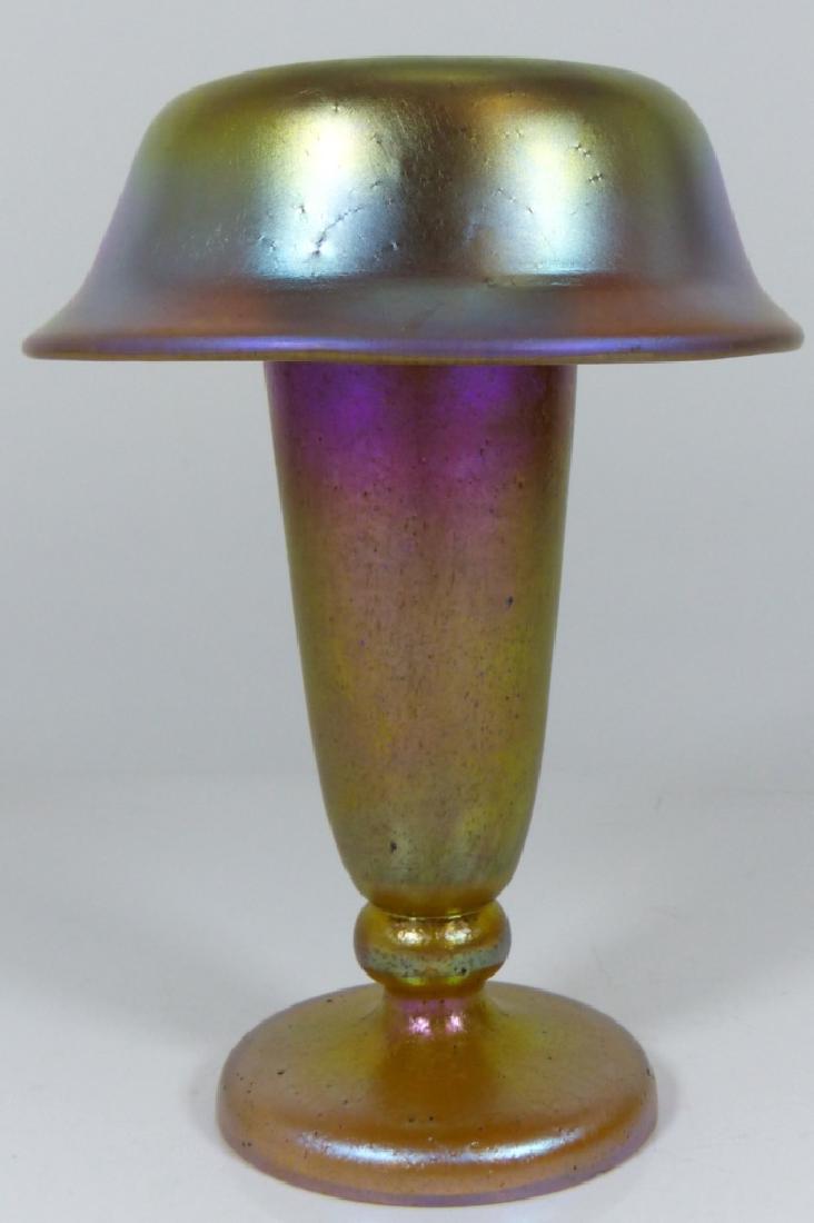 LOETZ ART GLASS IRIDESCENT MUSHROOM VASE: Loetz Art Noveau Bohemian iridescent mushroom form vase. Acid stamped "Czecho-Slovakia" oval logo to underside. Measures 6" (15.2cm) height.