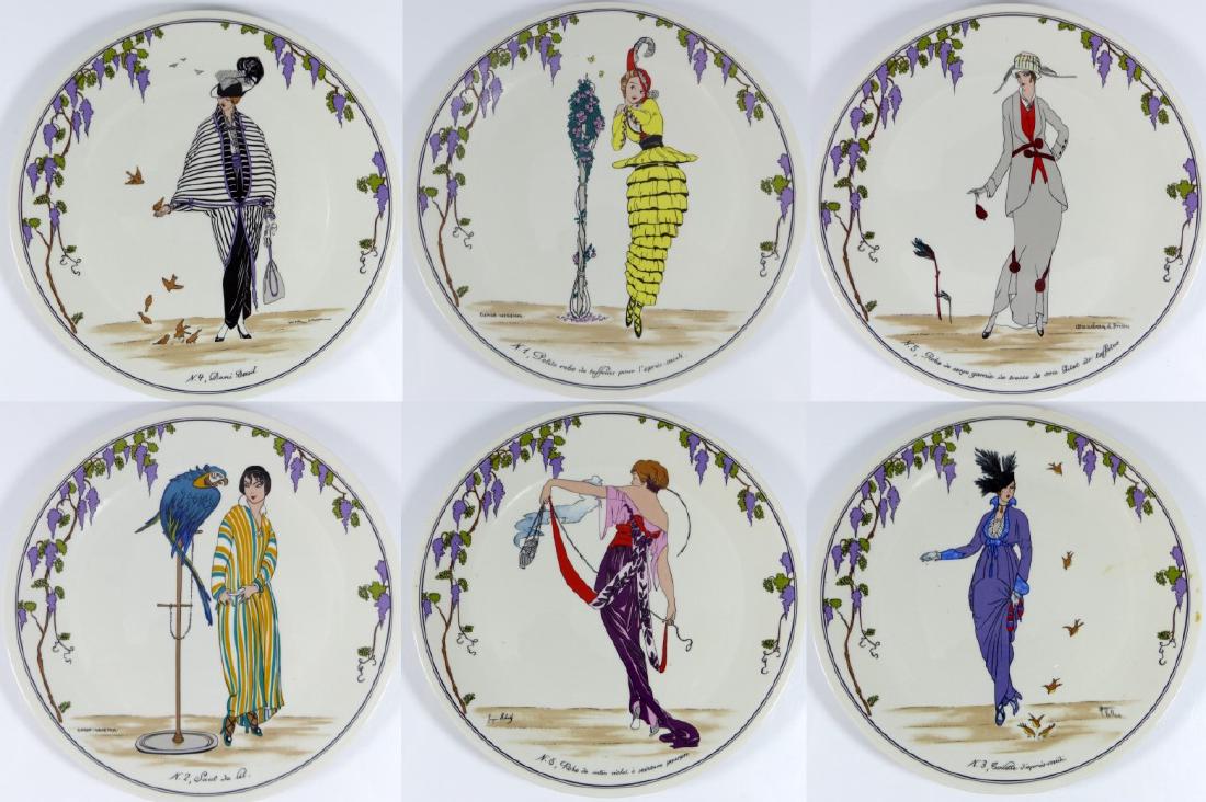 6pc VILLEROY & BOCH DESIGN 1900 SALAD PLATES: 6 pieces of Villeroy & Boch Design 1900 salad plates depicting images of old prints. Numbered 1 through 6. Each measures 8" (20cm) diamater.