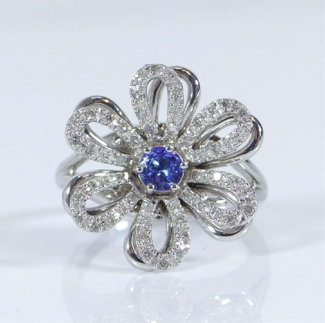 14kt WHITE GOLD TANZANITE & DIAMOND FLOWER RING (1 of 9)
