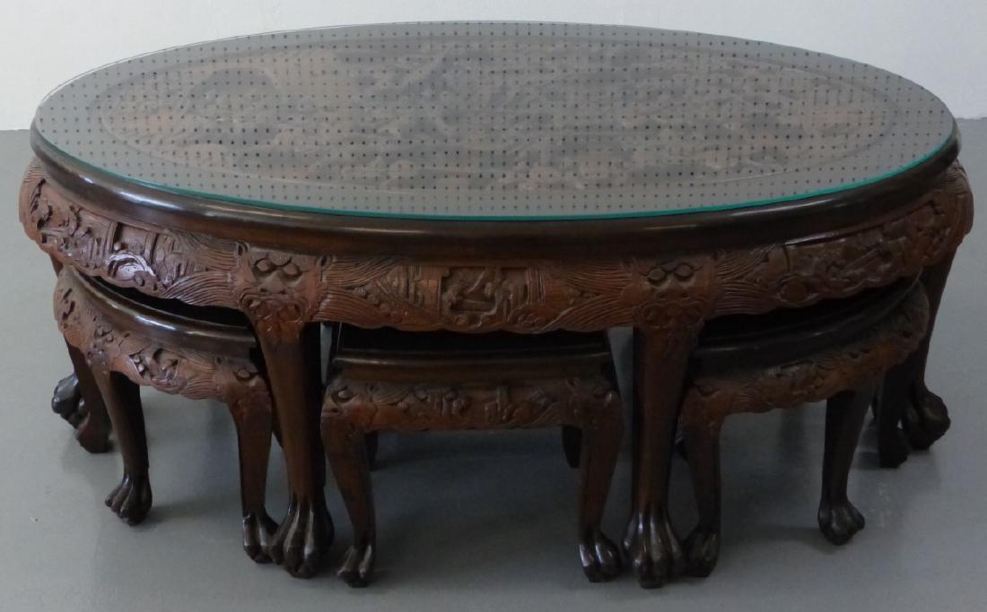 CHINESE CARVED LOW TABLE w 6 STOOLS (1 of 9)