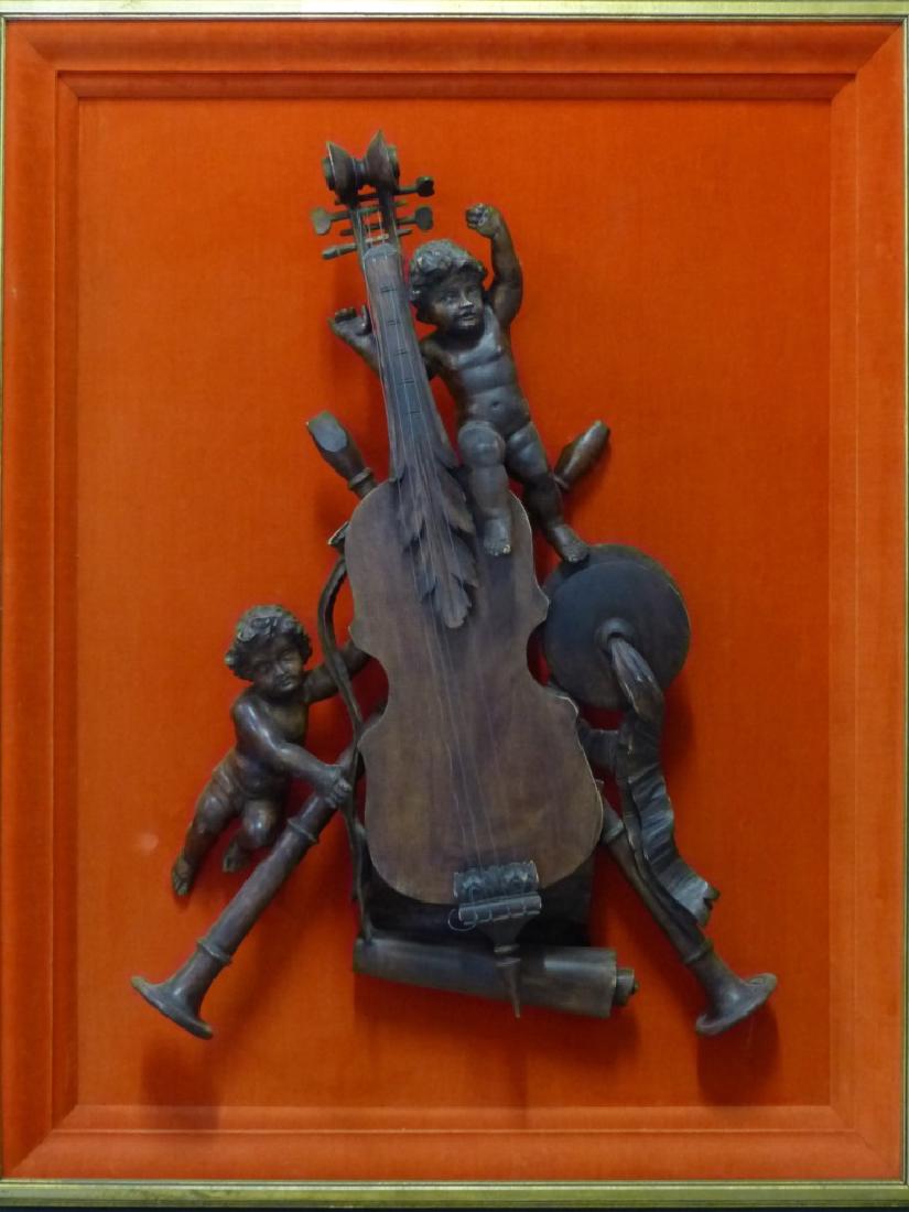 CARVED WOOD SCULPTURE VIOLIN & TRUMPETS w CHERUBS (1 of 8)