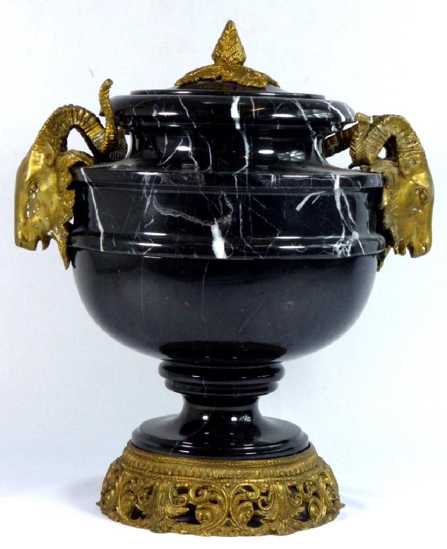 FRENCH BRONZE & MARBLE URN w RAMS (1 of 10)