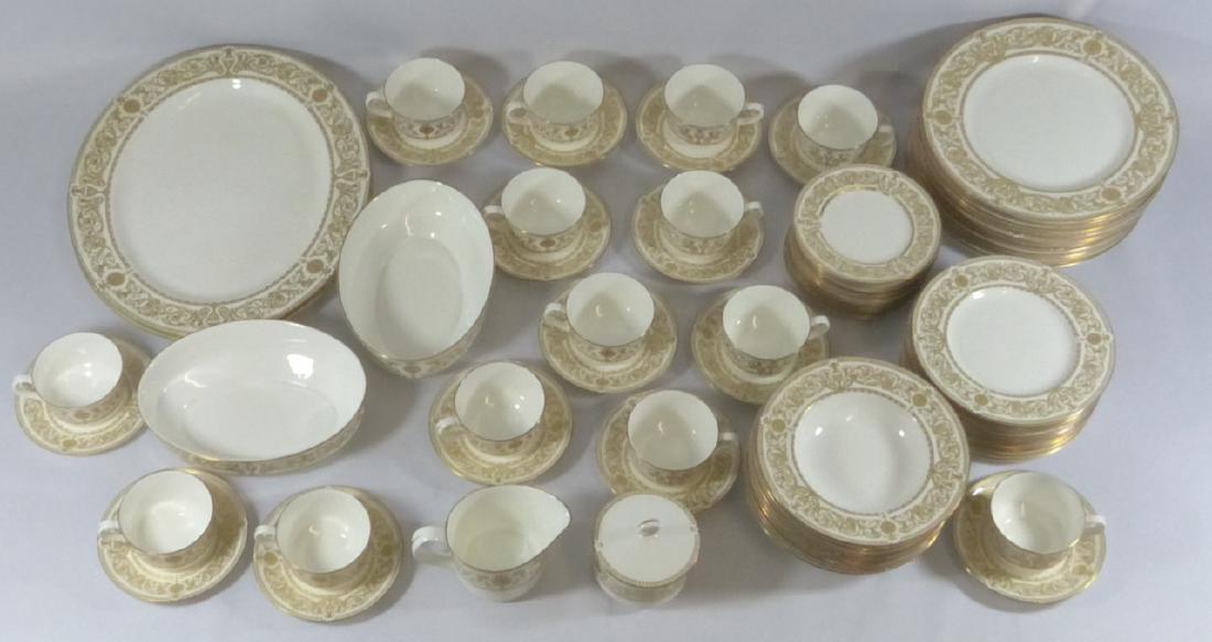 84pc ROYAL WORCESTER 'HYDE PARK' CHINA SET: 84 pieces or Royal Worcester Hyde Park English Bone China dinner service having white background with gold scrolls & urns. Includes 14 dinner plates-10 1/2", 14 salad plates-8", 14 bread & butter plat