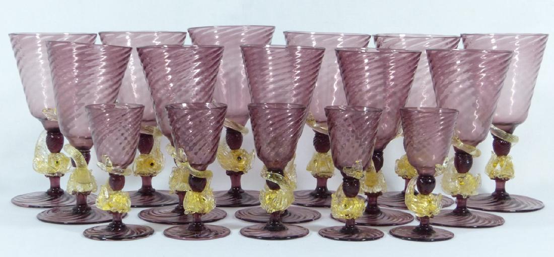 16pc VENETIAN PURPLE & GOLD DOLPHIN GLASS GOBLETS (1 of 6)