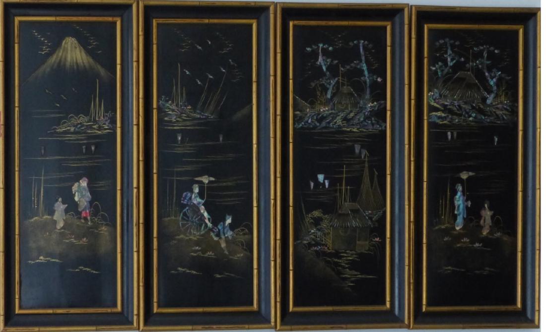 4pc CHINESE BLACK LACQUER PLAQUES w ABALONE INLAY: 4 Chinese black lacquered plaques with depictions of various figures and landscapes comprised of gold paint and abalone inlay. Each measures 22" (56cm) x 8 1/4" (20.5cm) + 1 3/4" (5cm) black and gold