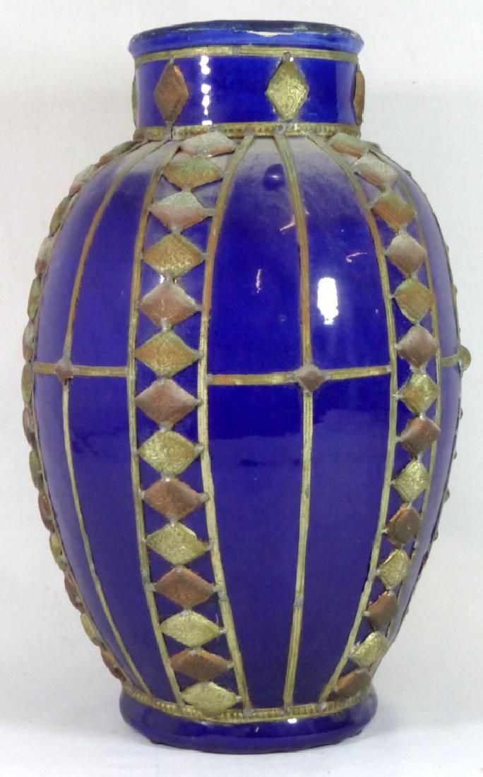 LARGE COBALT GLAZED POTTERY VASE w APPLIED COPPER (1 of 7)