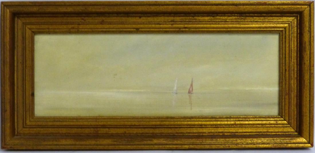 ANNE PACKARD OIL PAINTING ON BOARD 'SAILBOATS': Anne Packard (American, born 1933) oil painting on masonite depicting two sailboats at sea. Artist name to back of frame. Measures 7 1/2" (19cm) x 2 5/8" (6.5cm) + 1" (2.5cm) frame. Provenance: Proper