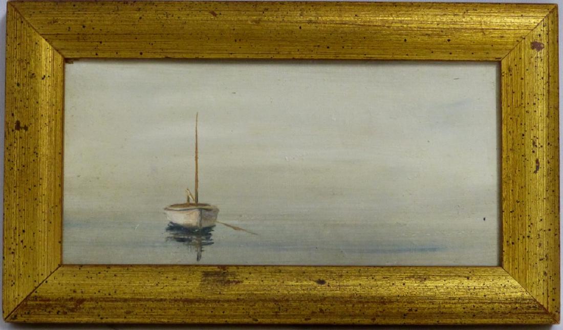 ANNE PACKARD OIL PAINTING ON BOARD 'SAILBOAT': Anne Packard (American, born 1933) oil painting on masonite depicting a single sailboat. Artist name to back of frame. Measures 5 5/8" (14cm) x 2 5/8" (6.5cm) + 3/4" (2cm) frame. Property of a North P