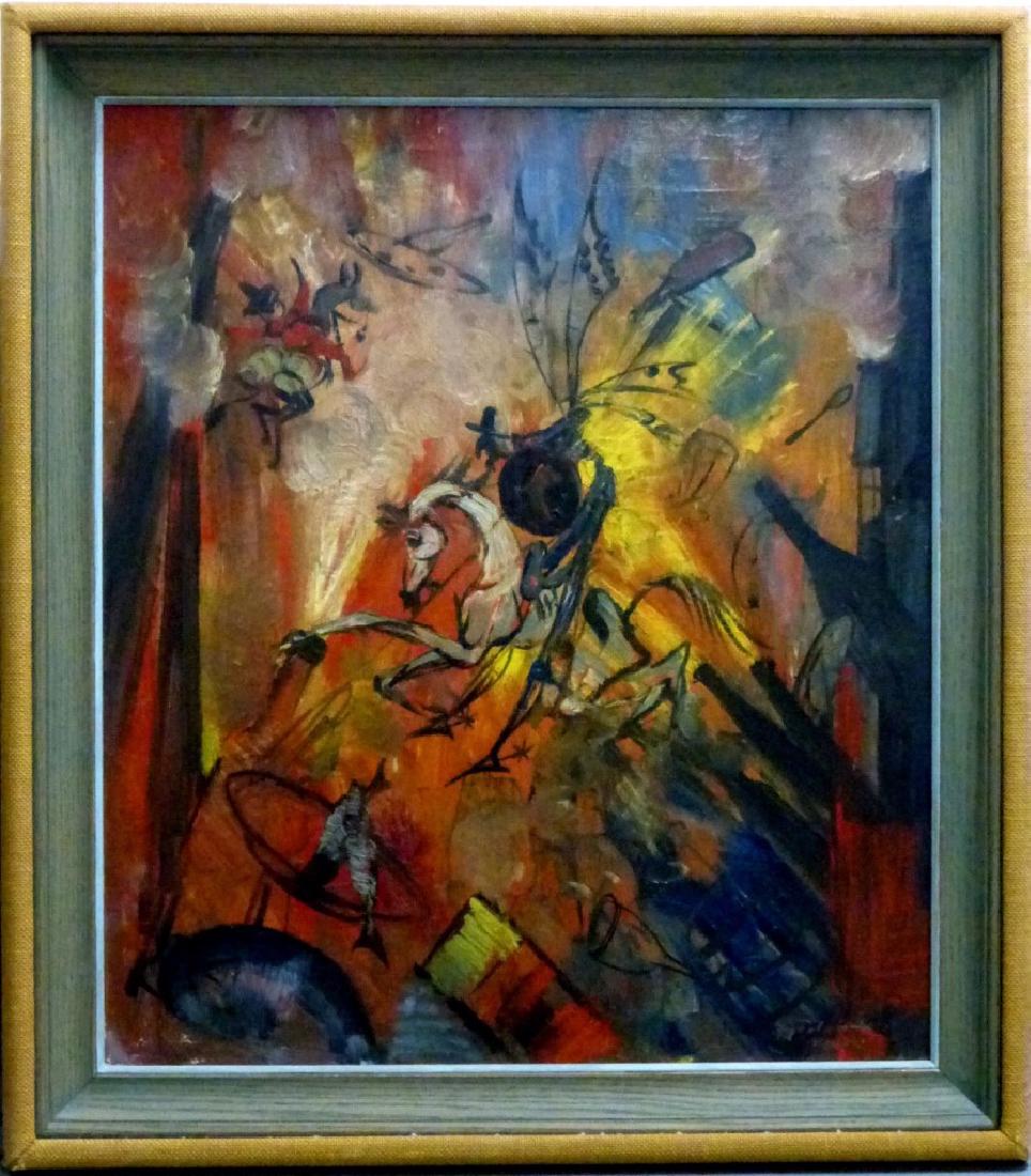 JERZY POTRZEBOWSKI OIL PAINTING CANVAS DON QUIXOTE: Jerzy Potrzebowski (Polish, 1921 - 1974) oil painting on canvas depicting Don Quixote and Sancho Panza. Signed lower right, dated 1964 and marked Krakow. Signed again and titled to verso. Measures 29"