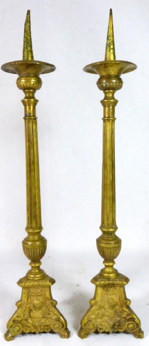 PR ANTIQUE GILT BRASS CHURCH PRICKET CANDLESTICKS (1 of 3)