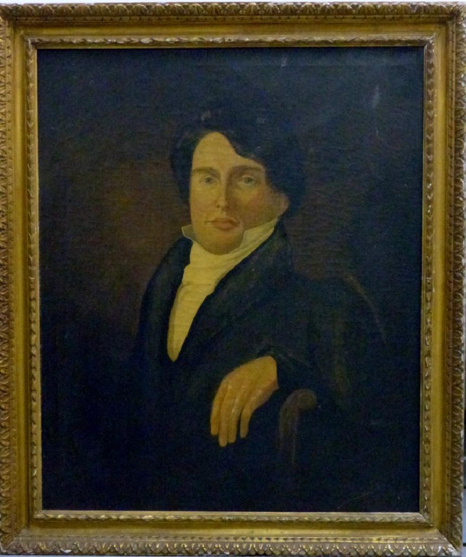 PORTRAIT OIL PAINTING ON CANVAS ATTR: JOSEPH STOCK: Portrait oil painting on canvas of a distinguished gentleman attributed to Joseph Whiting Stock (American, 1815-1855). Measures 29" (73.5cm) x 24" (61cm) + 3" (7.5cm) frame.