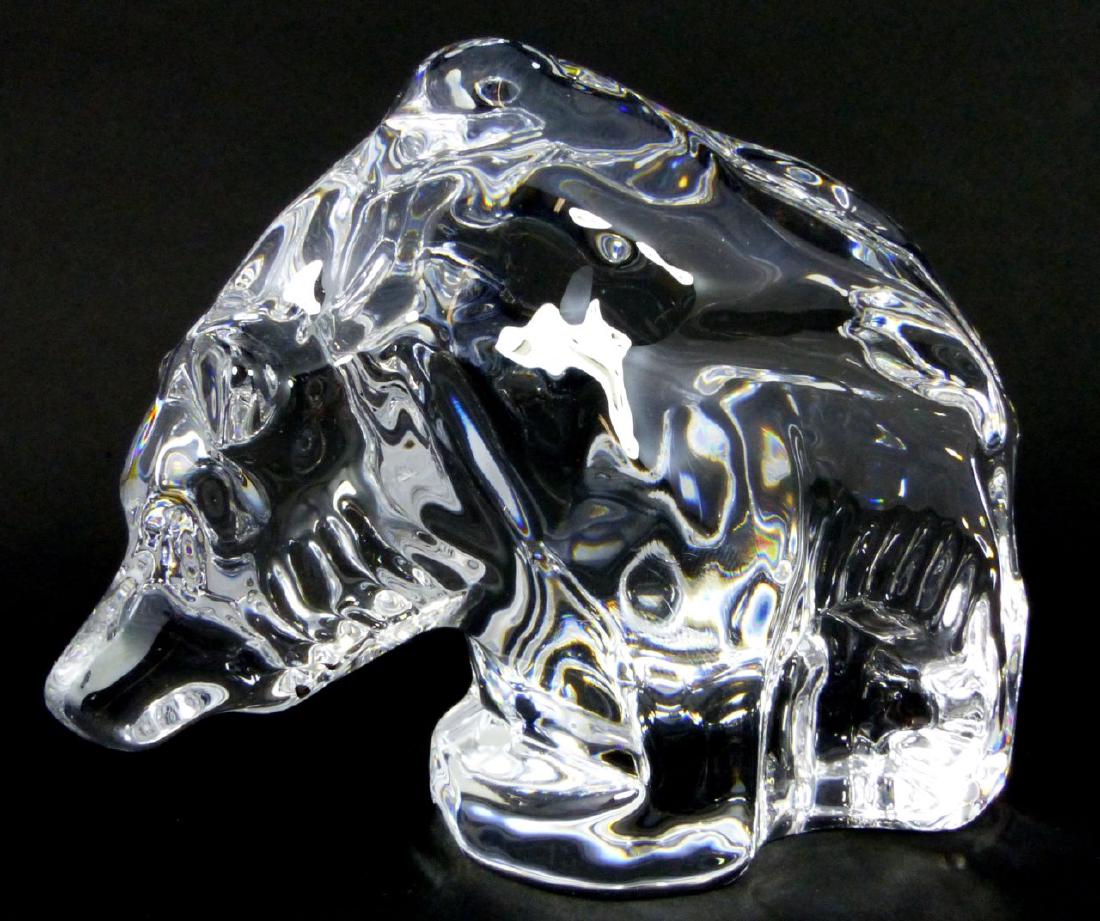 ORREFORS SWEDISH GLASS BEAR FIGURE: Orrefors Sweden glass bear paperweight sculpture. Signed to underside. Measures 5" (12.7cm) length.