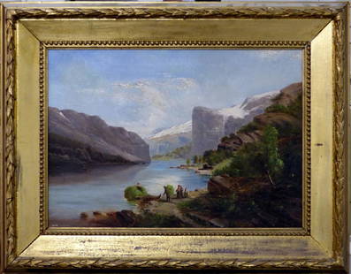 JOHANN WILHELM SCHIRMER OIL PAINTING ON CANVAS: Oil painting on canvas depicting a landscape with large mountains and a few figures beside a river bank attributed to Johann Wilhelm Schirmer (German, 1807-1863). Initialed 'J.W.' lower center. Measur