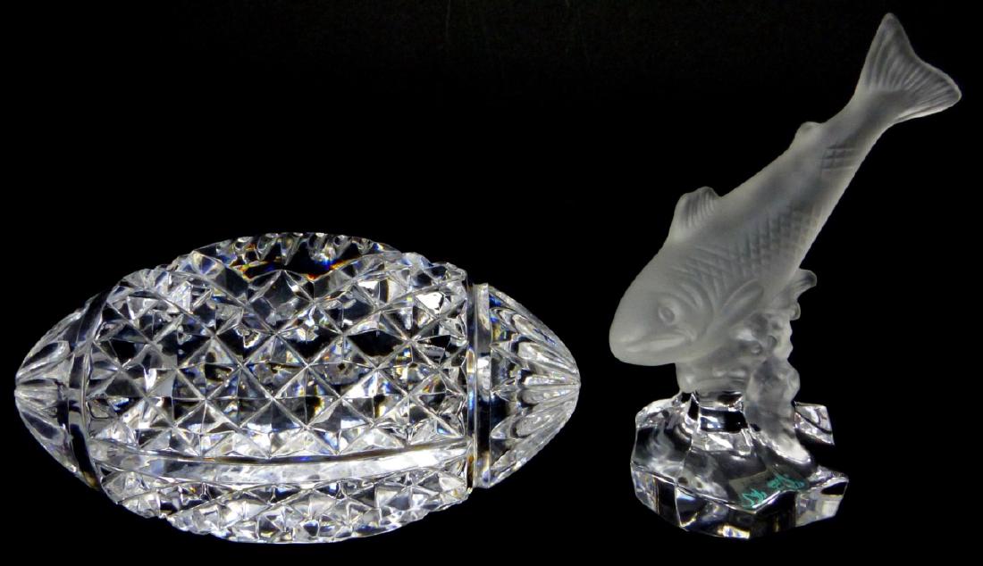 WATERFORD FOOTBALL & GOEBEL FROSTED FISH: 2 pieces of crystal including a Waterford cut crystal football and Goebel frosted fish. Each marked to underside. Largest measures 4 1/2" (11.4cm) length.