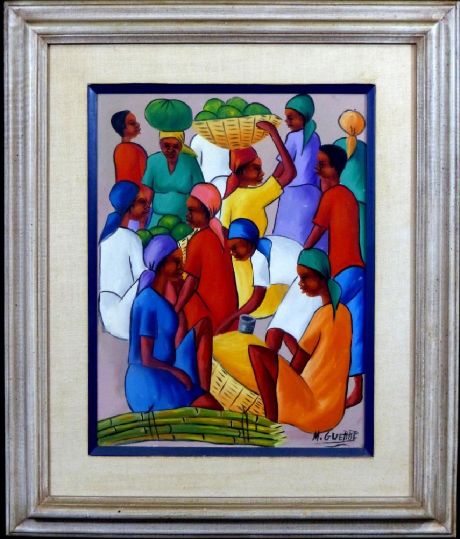M. GUERRE HAITIAN OIL PAINTING ON BOARD: M. Guerre (Haitian) oil painting on board depicting villagers at a market. Signed lower right. Measures 16" (40.5cm) x 12" (30.5cm) + 4" (10cm) frame.