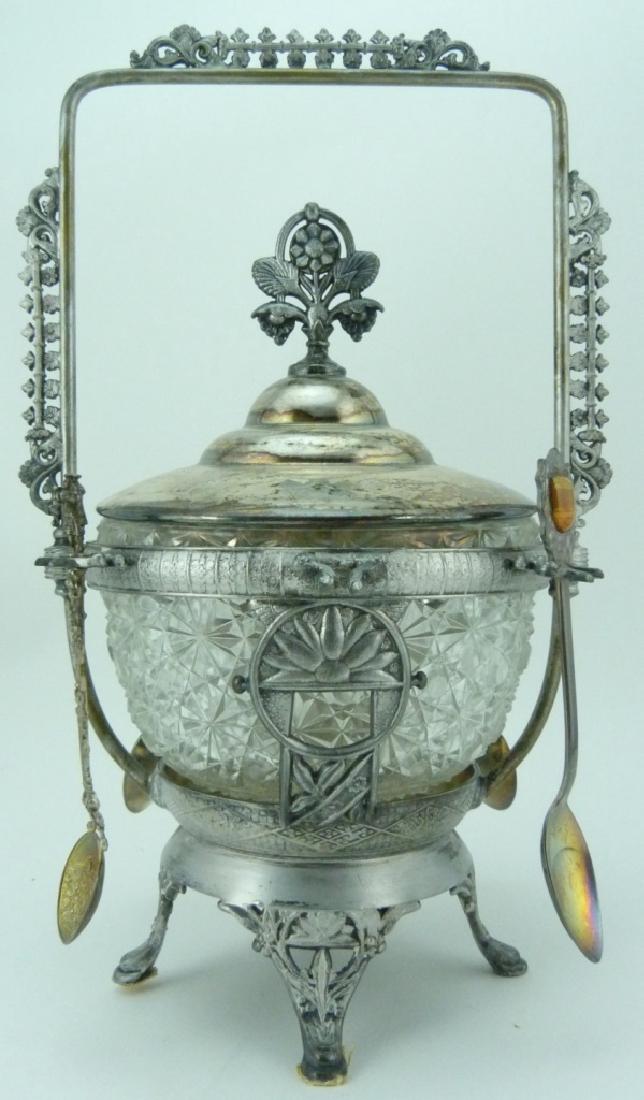 EG WEBSTER SILVERPLATE CRYSTAL SUGAR BOWL w SPOONS (1 of 8)