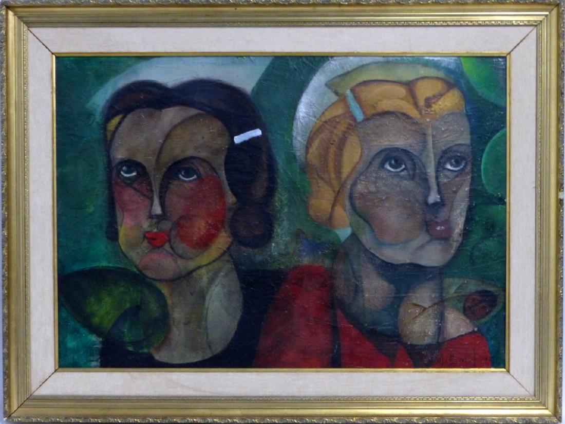LARGE ABSTRACT OIL PAINTING ON BOARD FACES SIGNED (1 of 4)