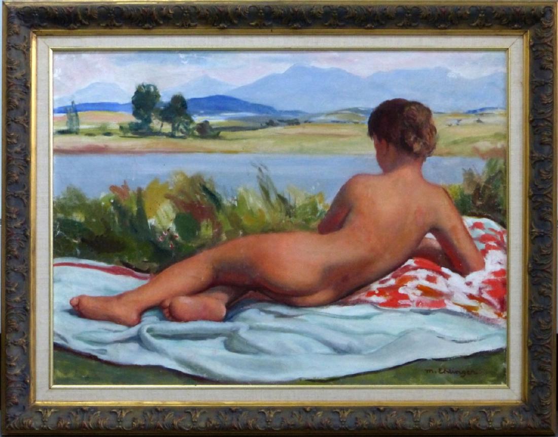 MAURICE EHLINGER OIL PAINTING ON CANVAS OF NUDE: Maurice Ambrose Ehlinger (French, 1896-1981) oil painting on canvas depicting a reclining nude. Signed lower right. Titled 'Paulette' and dated 1970 to verso. Measures 28 1/4" (71.5cm) x 21" (53cm) + 