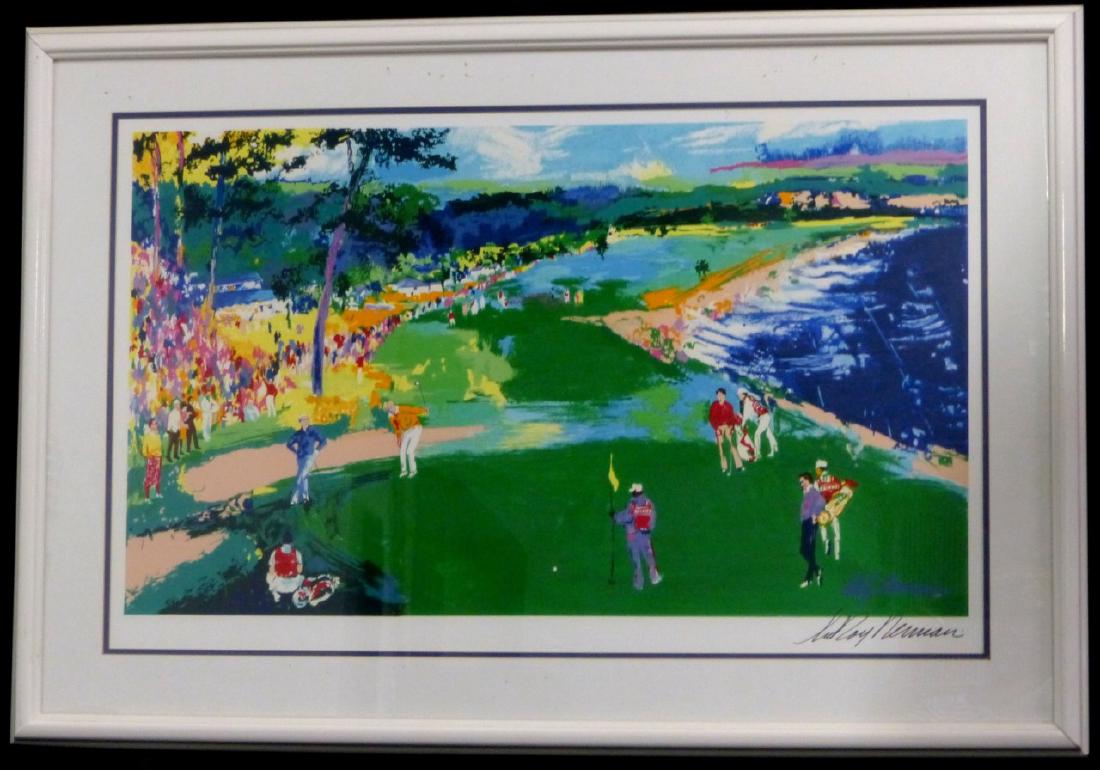 LEROY NEIMAN '18th AT PEBBLE BEACH' SIGNED PRINT: Leroy Neiman print titled '18th at Pebble Beach'. Hand signed lower right. Measures 33" (84cm) x 20" (51cm) + 4" (10cm) mat & frame.