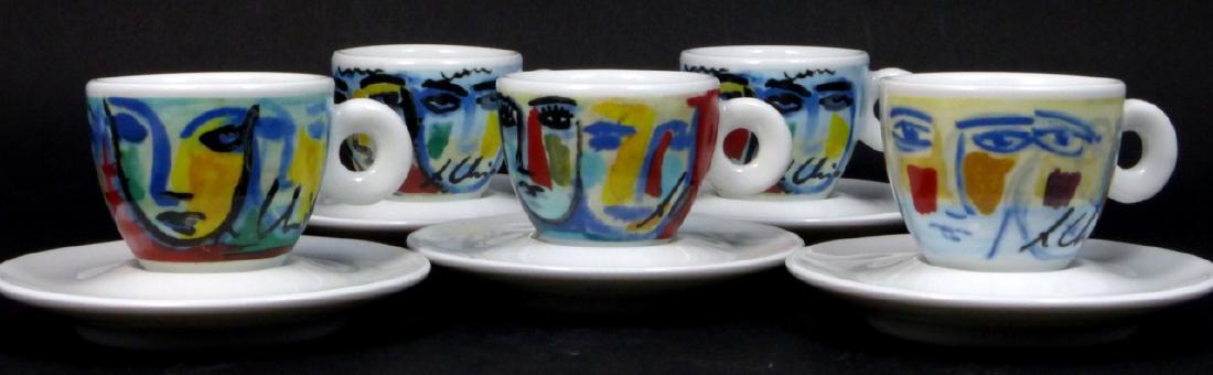 10pc RICHARD GINORI 'FACCE ITALIANE' ESPRESSO CUPS: 10pc Richard Ginori 'Facce Italiane' espresso cups from the Illy Collection 1993 by Sandro Chia. Includes 5 cups-3 1/4" and 5 saucers-4 3/8". Each marked to underside.