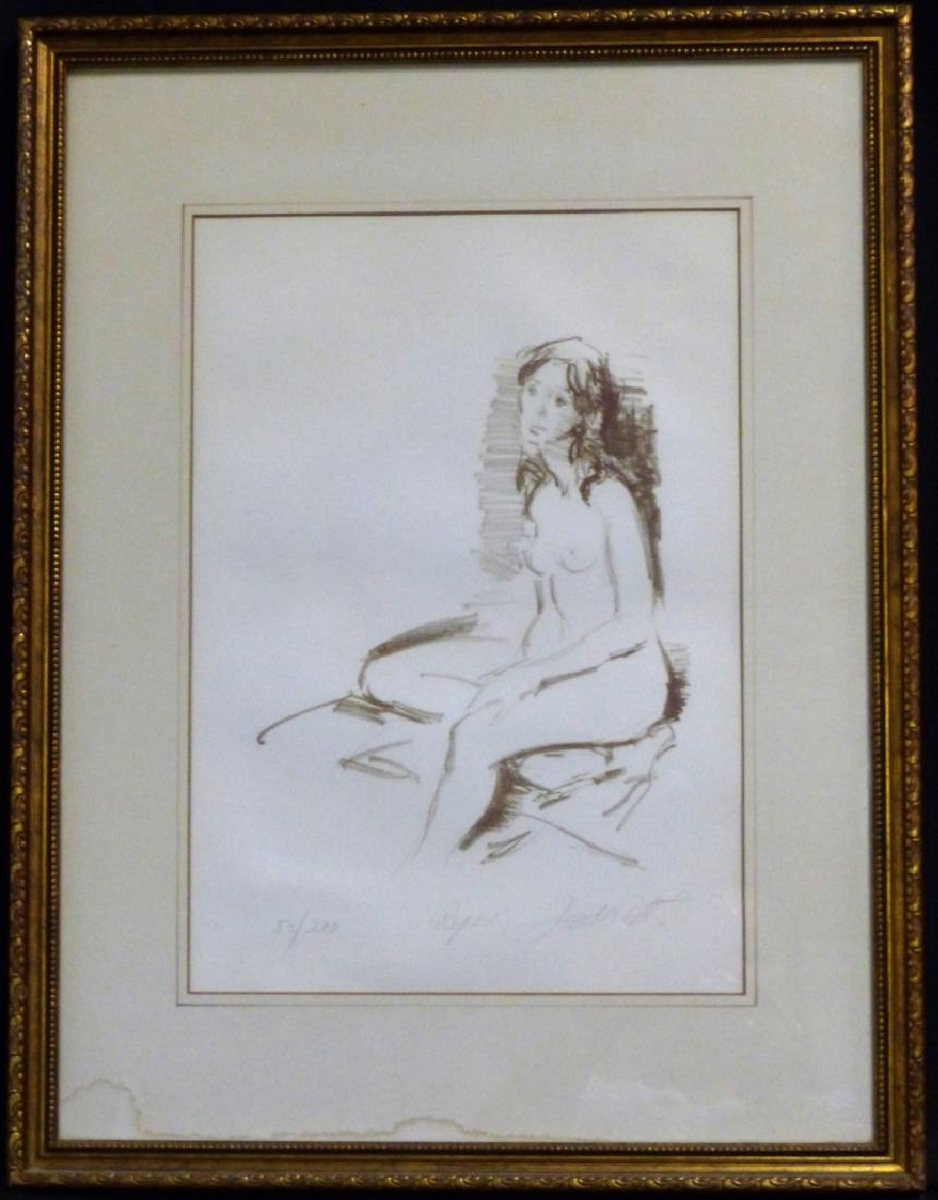 JAN DE RUTH LITHOGRAPH 'REPOSE' 53/200: Jan De Ruth (American-Czech, 1922-1991) lithograph depicting a nude woman. Numbered 53/200 lower left. Titled lower center and signed lower right. Measures 17' x 12" + 4" (10cm) mat & frame.