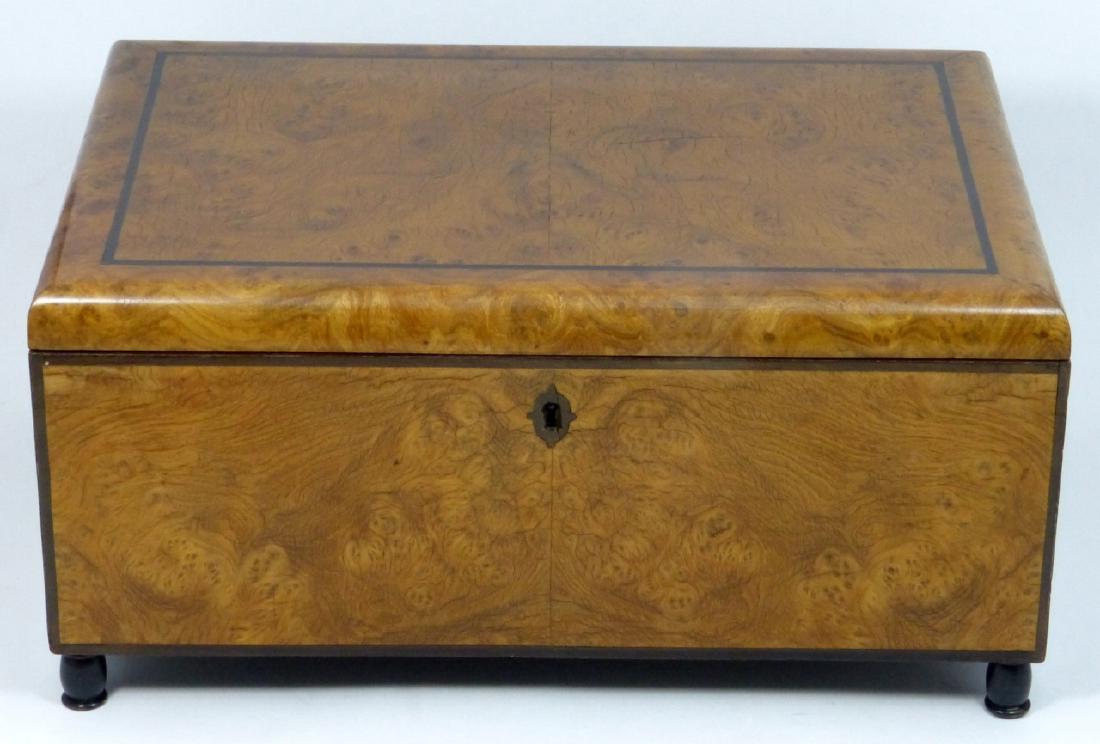 BURLWOOD BOX w TRAY 13": Burlwood box with brass hardware and removable tray. Raised on four feet. Measures 13 1/4" (33.5cm) x 9" (23cm).