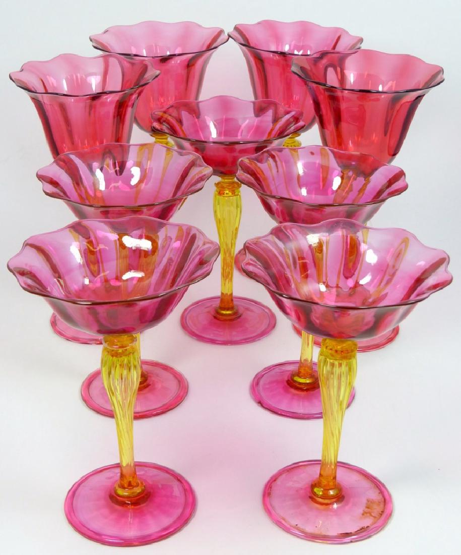 9pc OPTIC RIBBED RUBY & YELLOW GLASS GOBLETS (1 of 12)