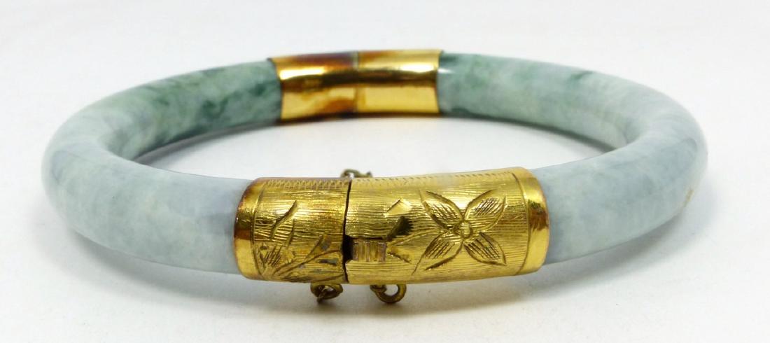 CHINESE 14kt YG JADEITE HINGED BANGLE BRACELET (1 of 6)