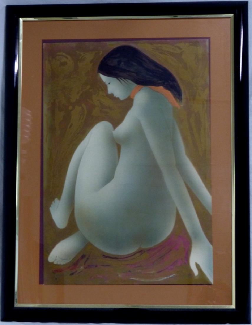 ALAIN BONNEFOIT LITHOGRAPH OF SEATED NUDE SIGNED: Alain Bonnefoit, French (b.1937) lithograph depicting a seated nude woman. Signed lower right and numbered 18/200 lower left. Measures 29 1/2" (75cm) x 20" (51cm) + 4 3/4" (mat & frame).