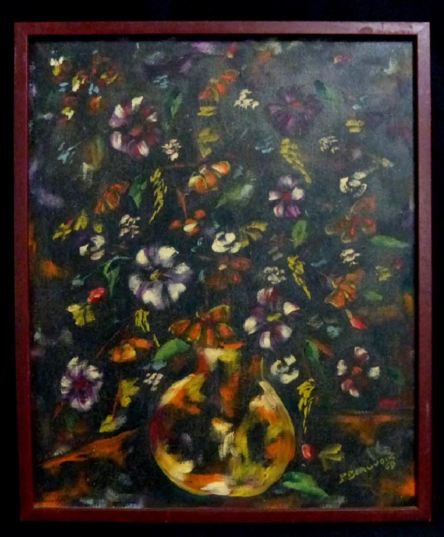 PAUL BEAUVOIR HAITIAN OIL ON CANVAS STILL LIFE: Paul Beauvoir (Haitian, 1932-1972) oil painting on canvas depicting a still life with flowers. Signed lower right and dated 1969. Measures 16 3/4" (42.5cm) x 13 3/4" (35cm).