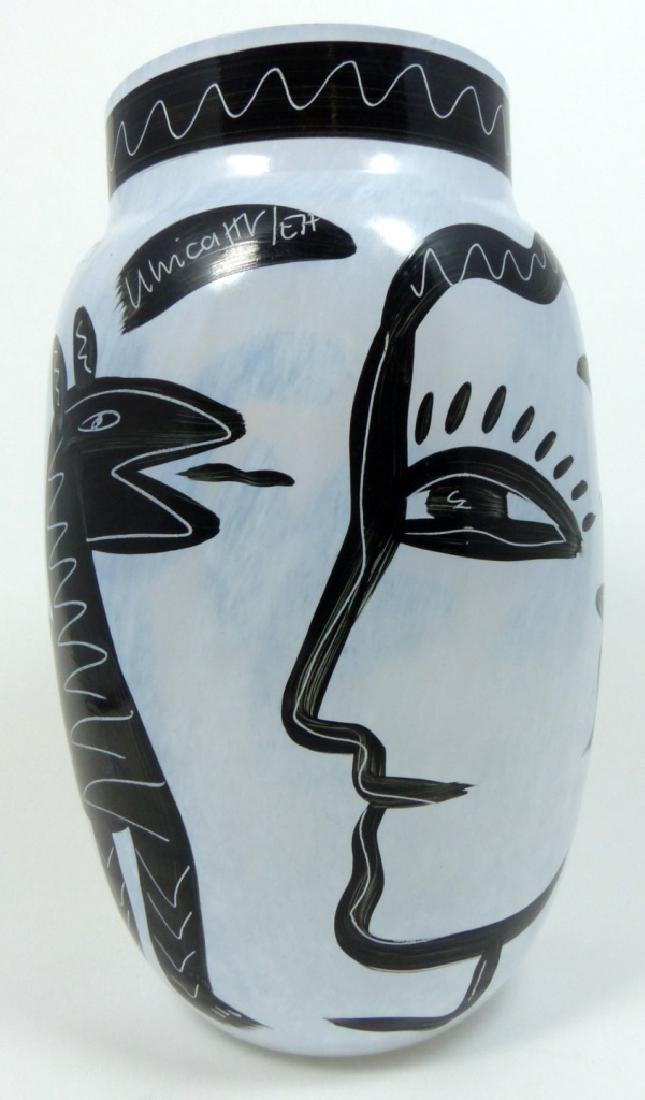 ULRICA HYDMAN-VALLIEN KOSTA BODA ART GLASS VASE: Ulrica Hydman-Vallien for Kosta Boda 'Caramba' art glass vase. Signed and numbered to underside. Signed to upper side and holds original label. Measures 8" (20.5cm) height.