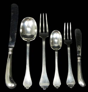 64pc JAMES ROBINSON 'TRIFID' STERLING FLATWARE: 64 pieces James Robinson sterling silver flatware in the 'Trifid' pattern with appropriate pistol handle knives. Including 13 three-tine salad forks-6 5/8", 8 three-tine dinner forks-7 7/8", 14