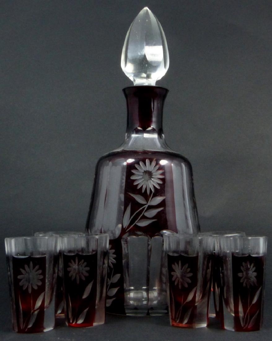 7pc BOHEMIAN RUBY CUT TO CLEAR DECANTER w CORDIALS (1 of 5)