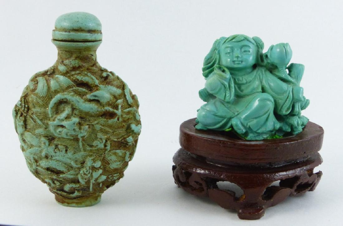 2pc CHINESE FAUX TURQUOISE CARVINGS: 2 Chinese faux turquoise carvings including a snuff bottle with dragon and seated girl on wooden stand. Snuff bottle measures 2 1/2" (6.5cm) height.