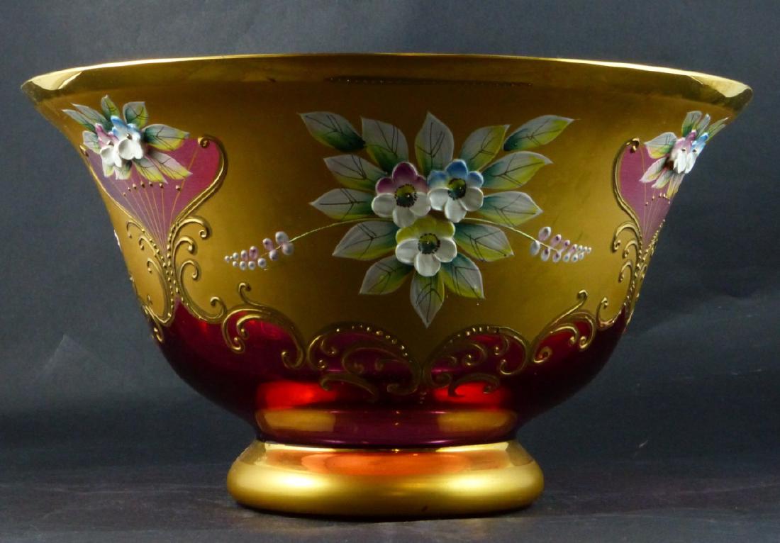 MOSER GILT CRANBERRY GLASS BOWL w FLOWERS (1 of 9)