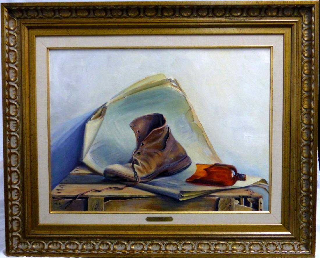 BETTI BERNAY OIL PAINTING ON BOARD STILL LIFE: Betti Bernay (American, b.1926) oil painting on board depicting a still life with a worn shoe, broken bottle and papers on a wooden crate. Signed lower right. Measures 23 1/2" (59.5cm) x 17 1/2" (44.5