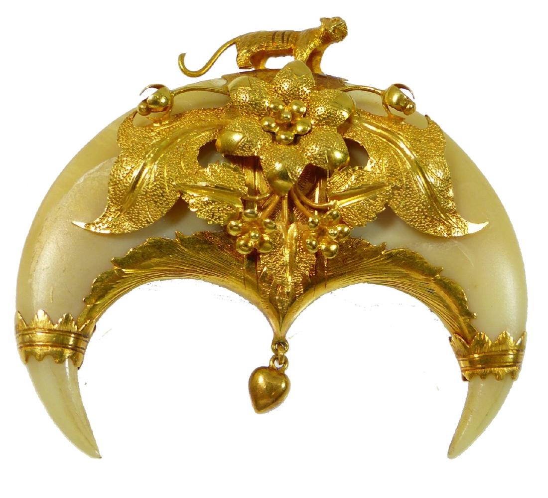 19th C DOUBLE TIGER CLAW 15kt YG BROOCH (1 of 9)
